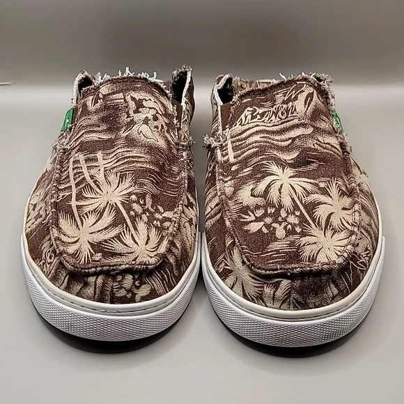 SANUK Sidewalk Surfers Shoes Men's Sz 9 Brown Frayed Palms Canvas Slip-On Beachy - Picture 2 of 10
